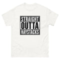 Distressed block lettering reading Straight Outta Haystacks