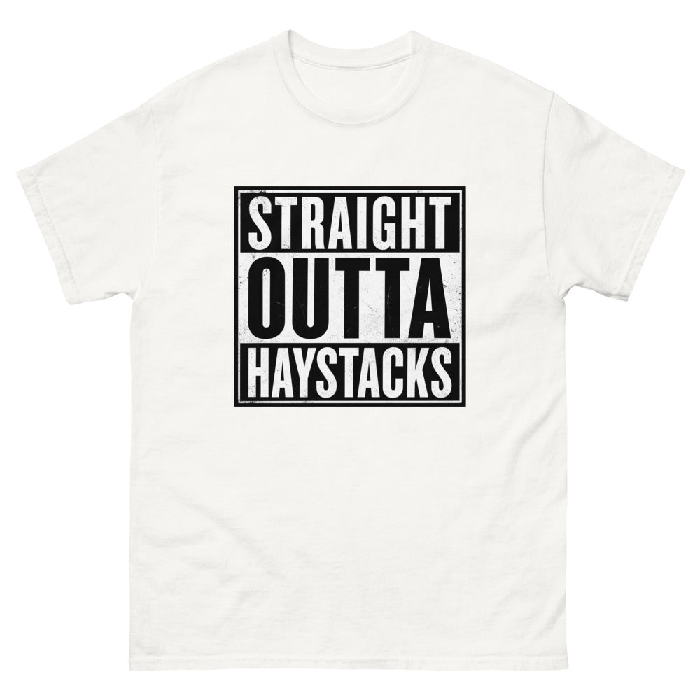 Distressed block lettering reading Straight Outta Haystacks