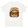 Retro groovy desert badge with a winding road to a cross reading Jesus Is The Way