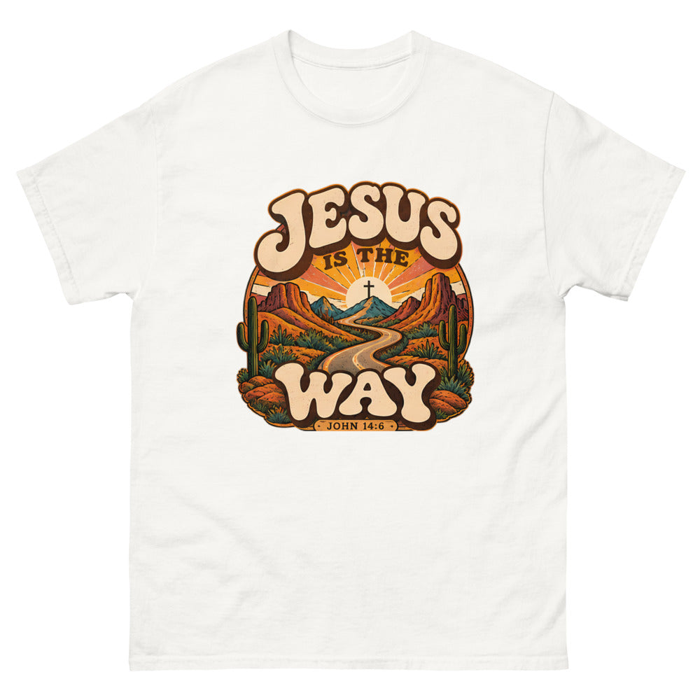 Retro groovy desert badge with a winding road to a cross reading Jesus Is The Way
