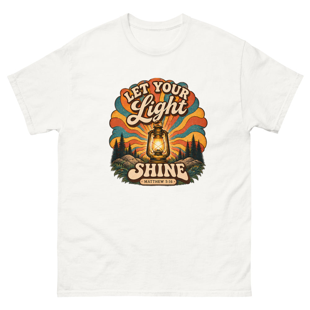 Retro lantern glowing against sunburst rays reading Let Your Light Shine