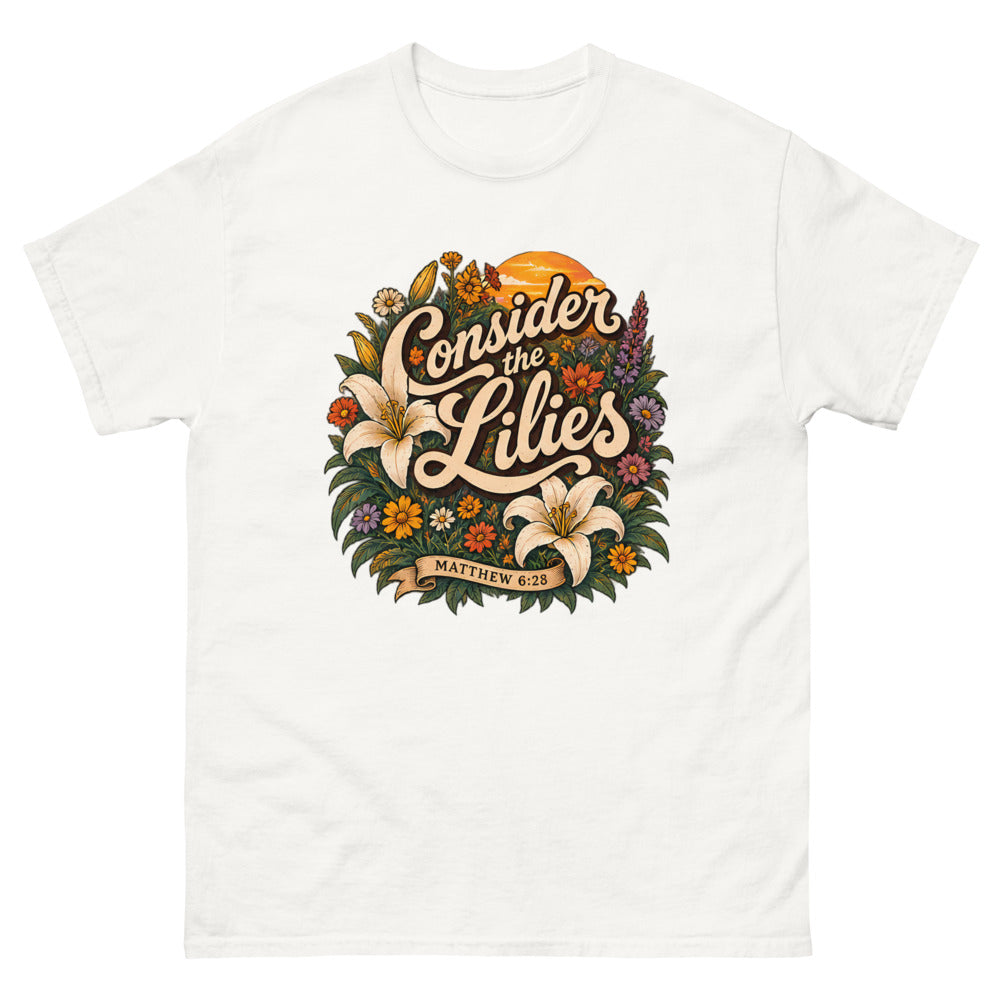 Retro floral illustration with lilies reading Consider The Lilies