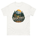 Vintage trail badge with mountains and a signpost reading Seek First The Kingdom Of God