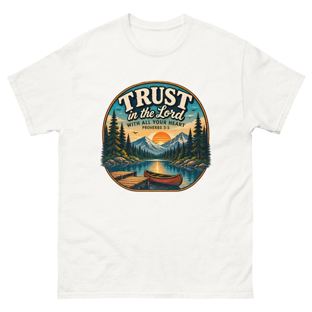 Round lakeside badge with a canoe and dock reading Trust In The Lord With All Your Heart
