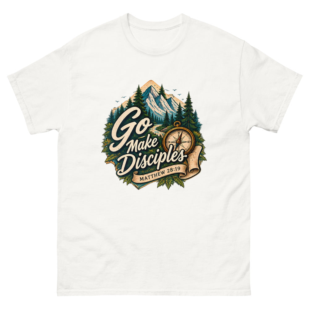 Compass over a mountain trail badge reading Go Make Disciples