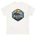 Navy hexagon badge with a lighthouse and wave reading My Anchor Holds