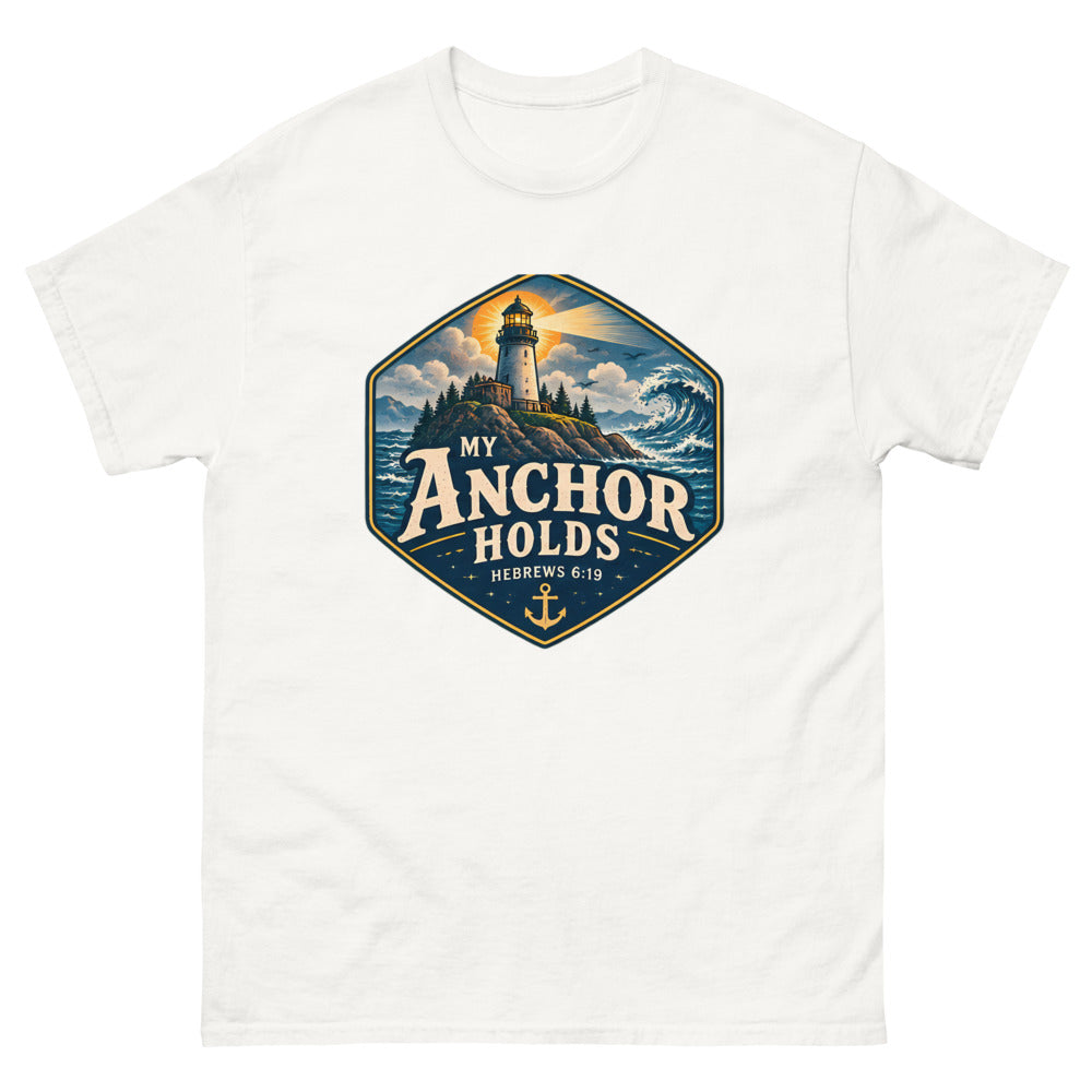 Navy hexagon badge with a lighthouse and wave reading My Anchor Holds