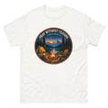 Round campfire and tent badge at night reading Pray Without Ceasing
