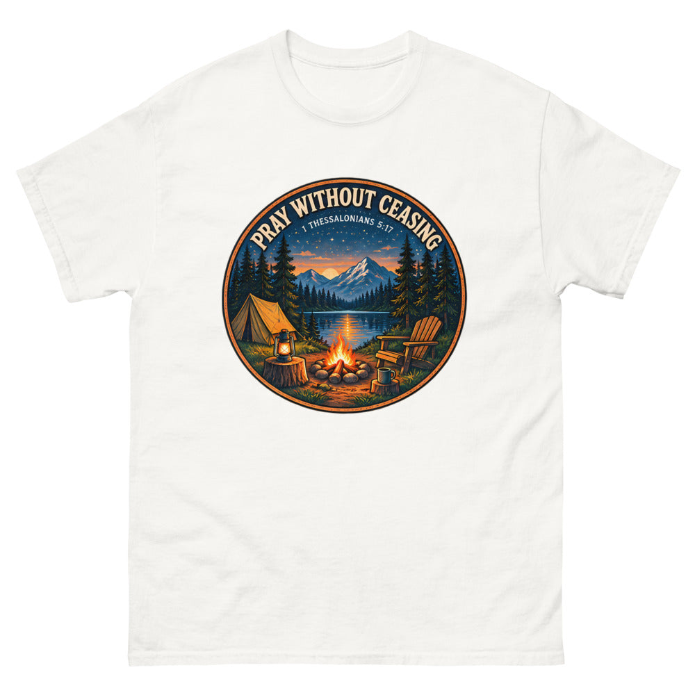 Round campfire and tent badge at night reading Pray Without Ceasing