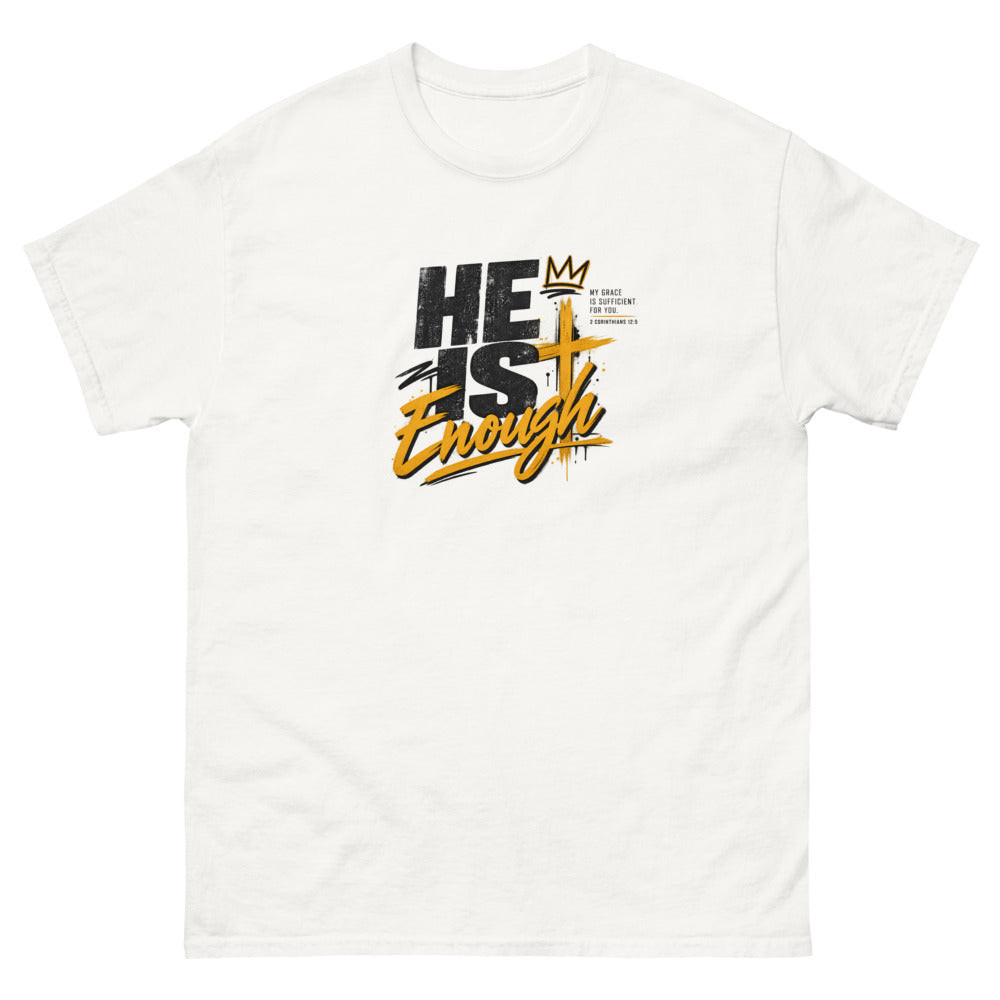 Graffiti style lettering with a crown and gold cross reading He Is Enough