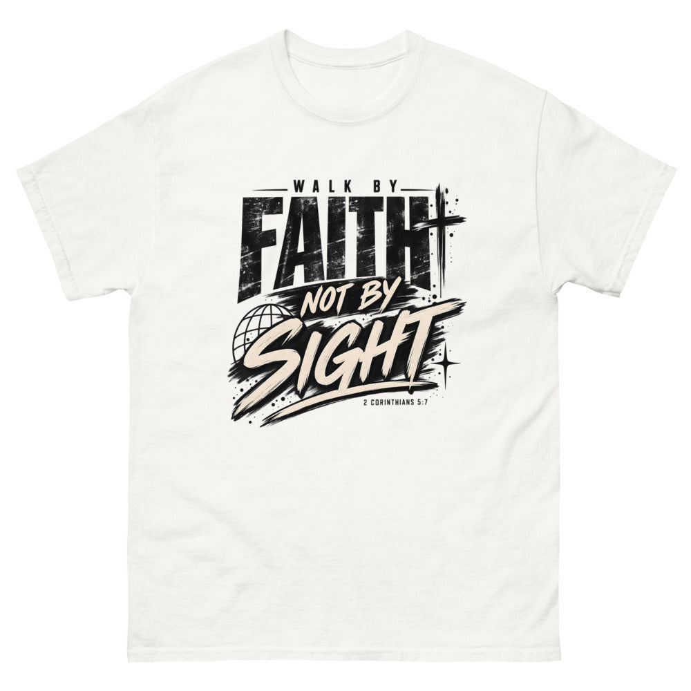 Distressed streetwear lettering with a starfield and globe reading Walk By Faith Not By Sight
