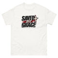 Streetwear lettering with a red brush stroke and cross reading Saved By Grace