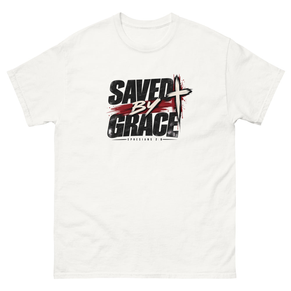 Streetwear lettering with a red brush stroke and cross reading Saved By Grace