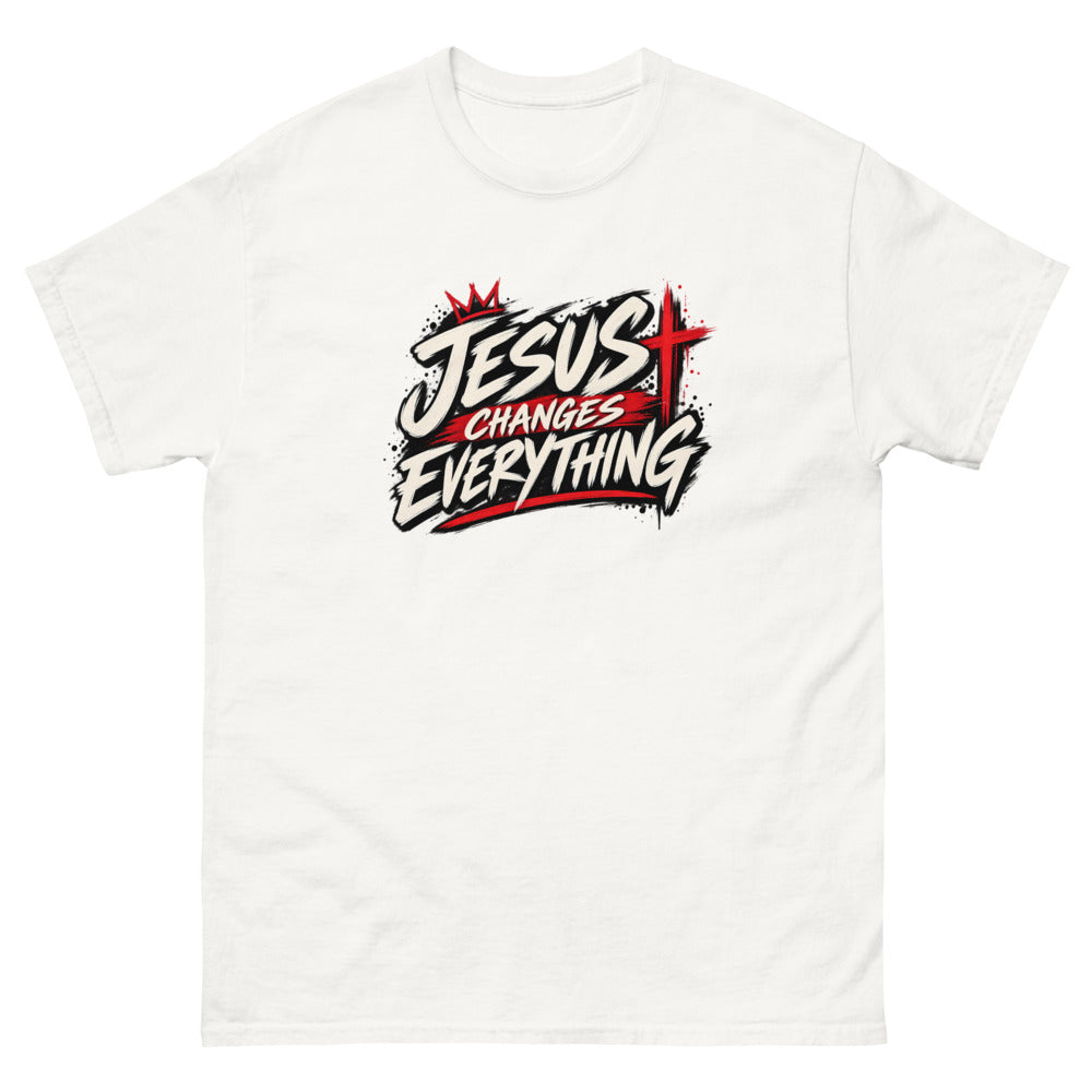 Brush script streetwear graphic with a crown and red cross reading Jesus Changes Everything