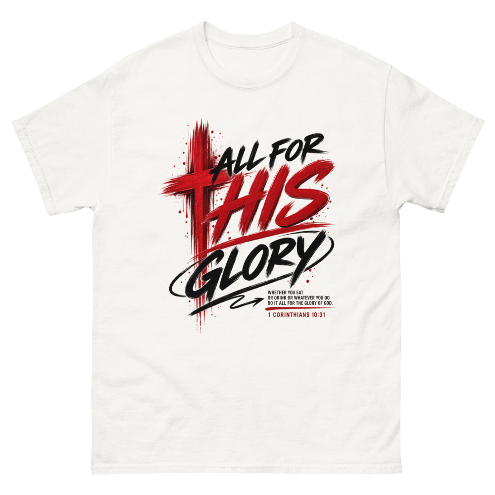 Red and black brush lettering with a painted cross reading All For His Glory