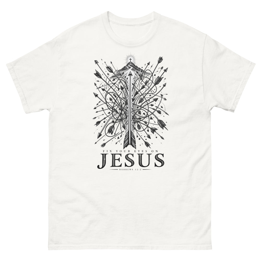 One straight arrow among many bent arrows aimed at a cross, reading Fix Your Eyes On Jesus
