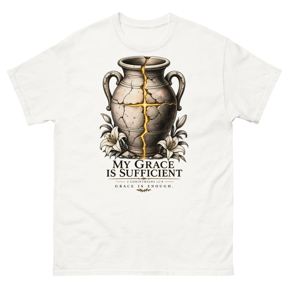 Cracked vessel repaired with gold seams forming a cross, reading My Grace Is Sufficient