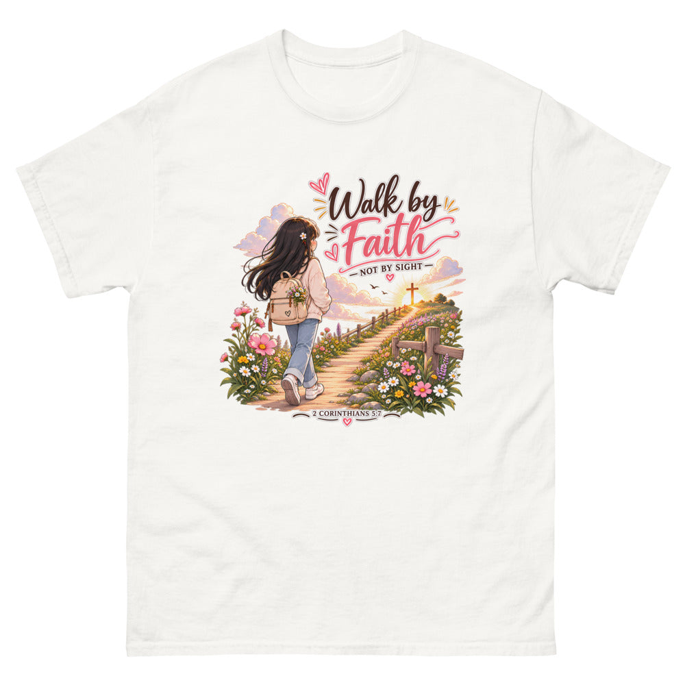 Chibi girl walking a flower-lined path toward a cross with the words Walk By Faith Not By Sight
