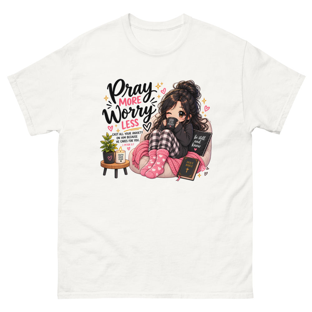 Cozy chibi girl with a mug and Bible with the words Pray More Worry Less