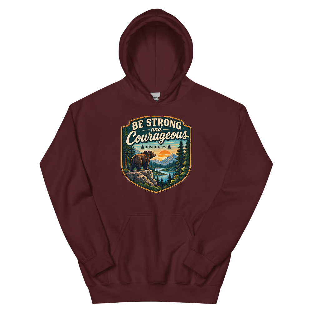 Be Strong And Courageous Bear Badge T-Shirt | gc: Hoodie/Maroon