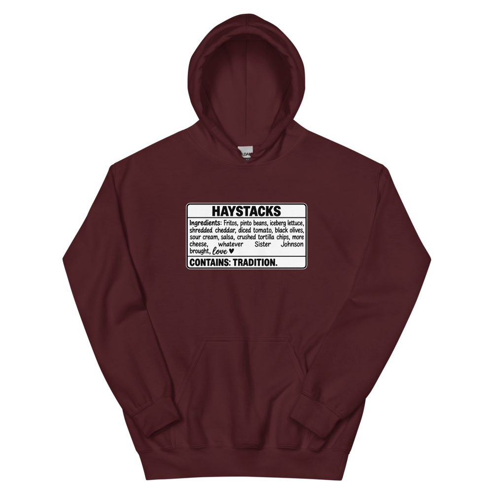 Haystacks Ingredients Label T-Shirt | gc: Hoodie/Maroon