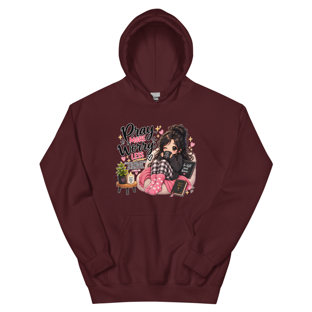 Pray More Worry Less Cozy Chibi T-Shirt | gc: Hoodie/Maroon