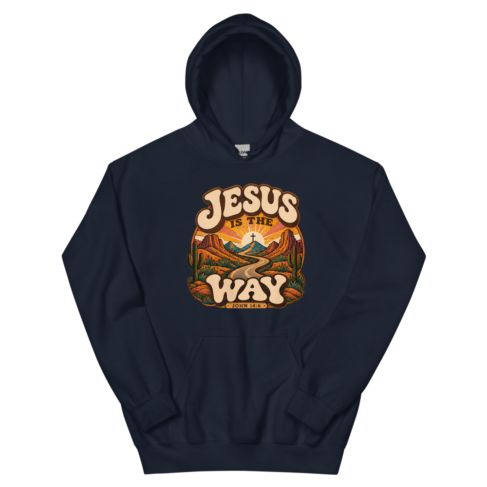Jesus Is The Way Retro Groovy T-Shirt | gc: Hoodie/Navy