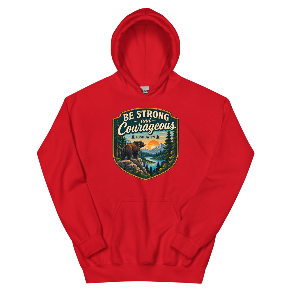 Be Strong And Courageous Bear Badge T-Shirt | gc: Hoodie/Red