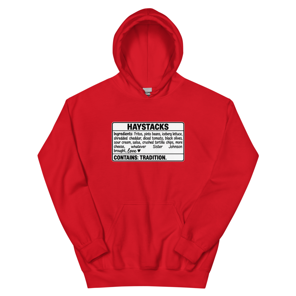Haystacks Ingredients Label T-Shirt | gc: Hoodie/Red