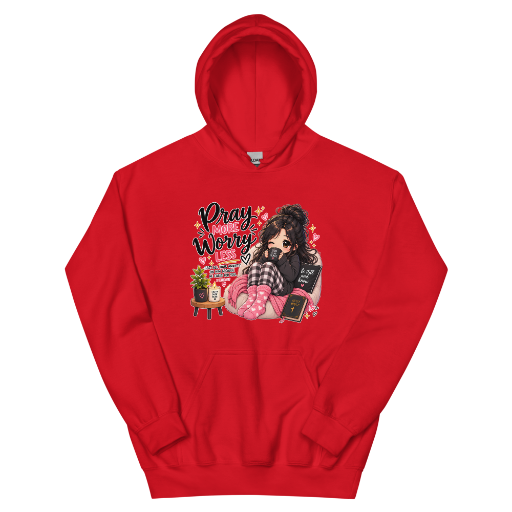 Pray More Worry Less Cozy Chibi T-Shirt | gc: Hoodie/Red