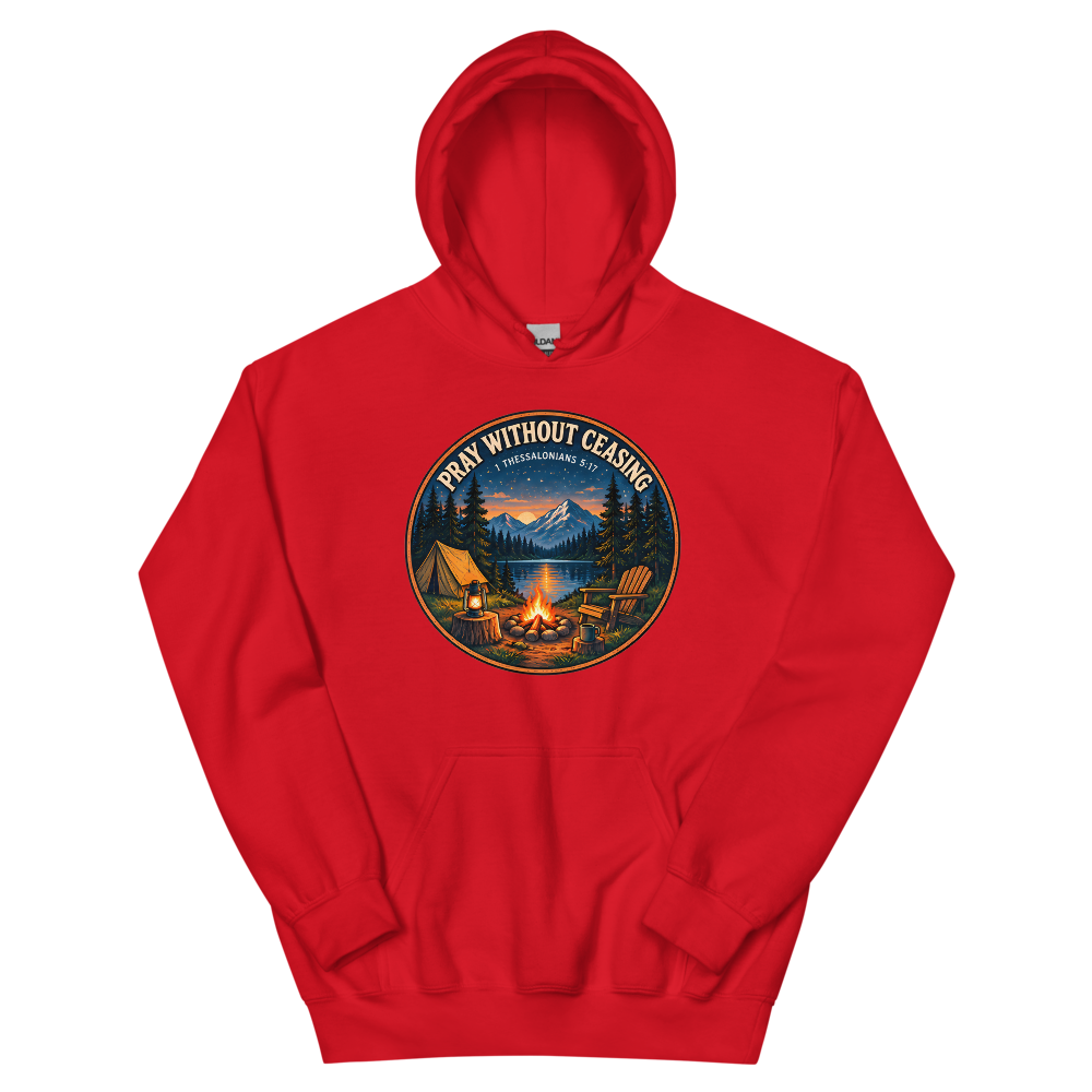 Pray Without Ceasing Campfire Badge T-Shirt | gc: Hoodie/Red