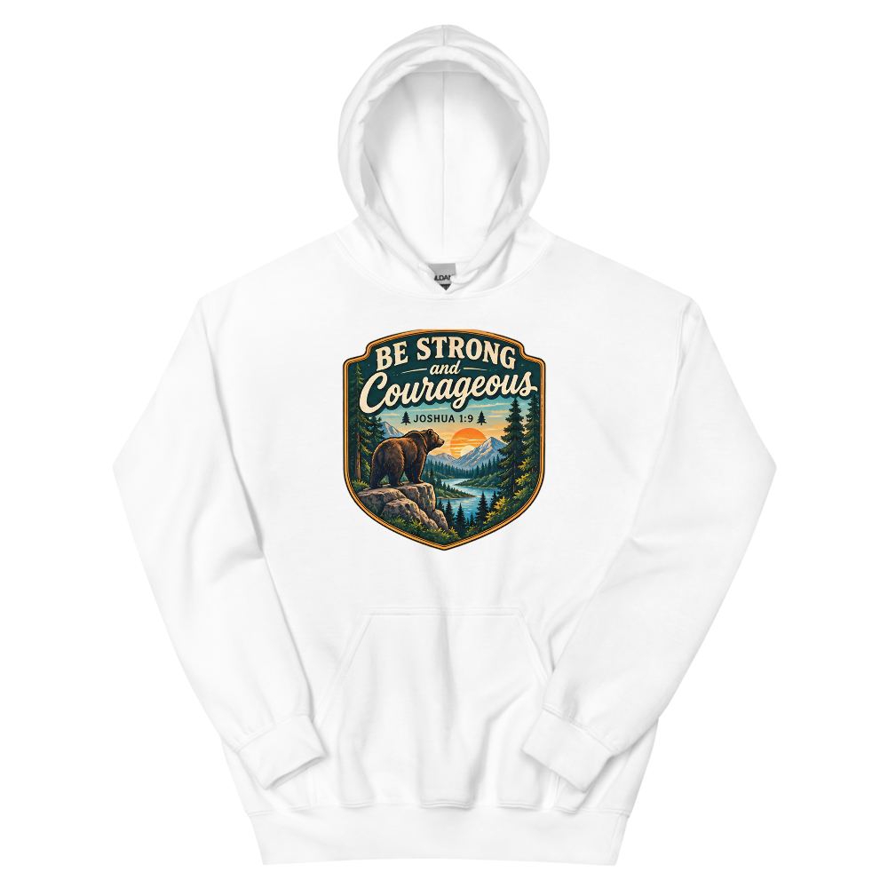 Be Strong And Courageous Bear Badge T-Shirt | gc: Hoodie/White