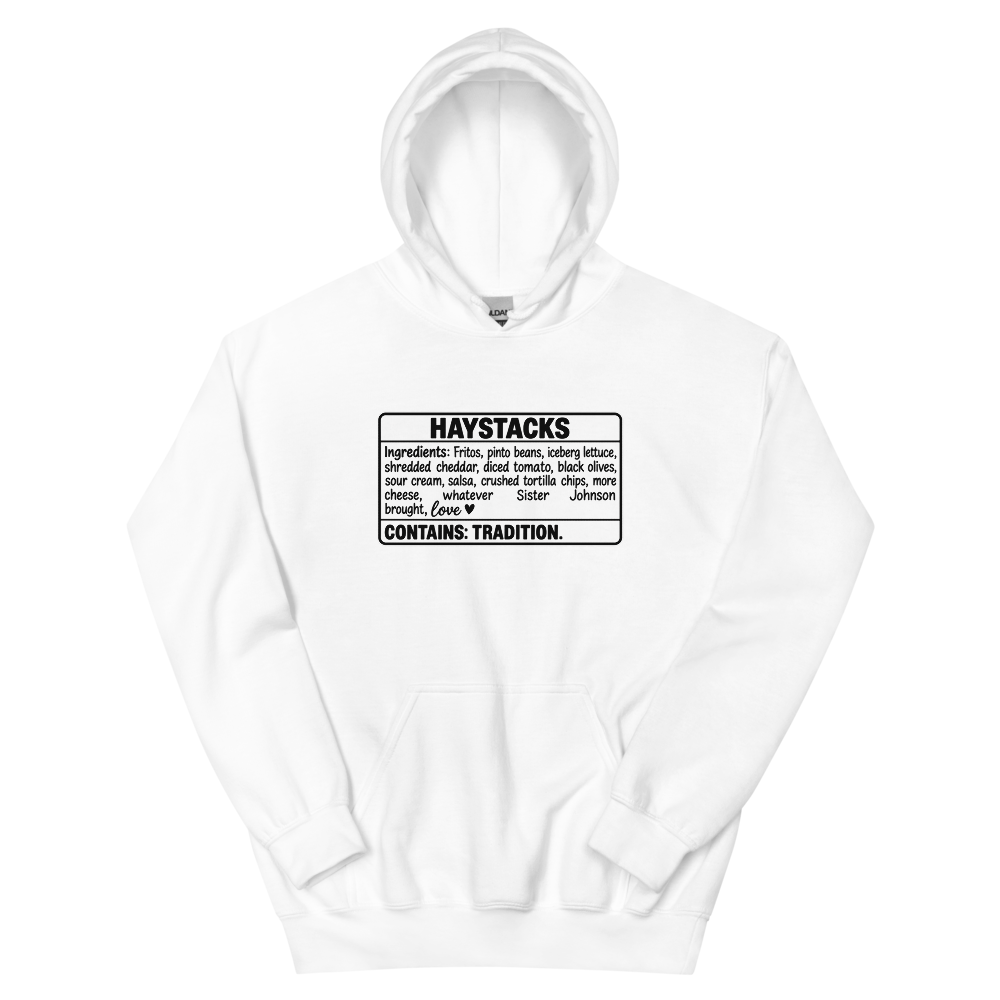Haystacks Ingredients Label T-Shirt | gc: Hoodie/White