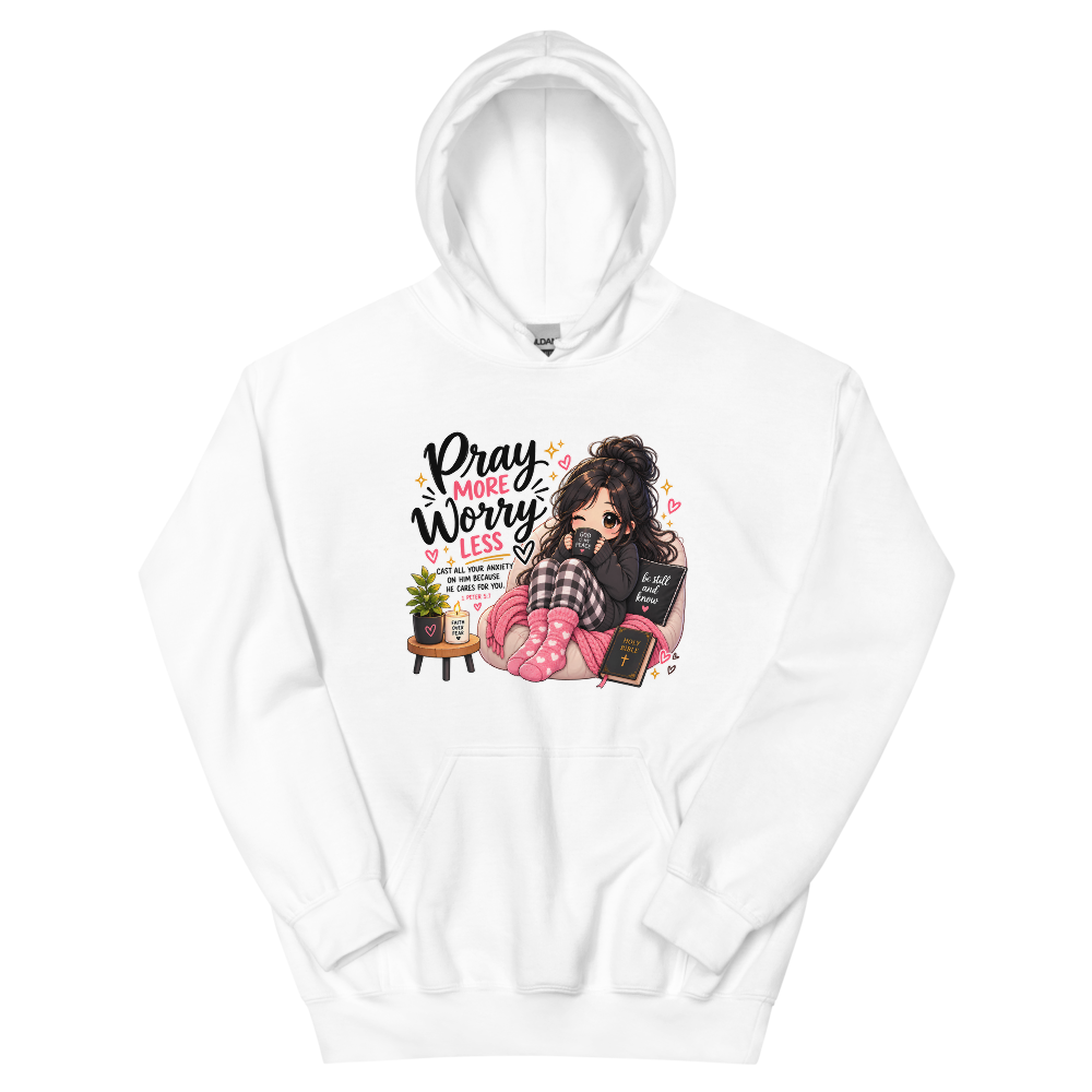 Pray More Worry Less Cozy Chibi T-Shirt | gc: Hoodie/White