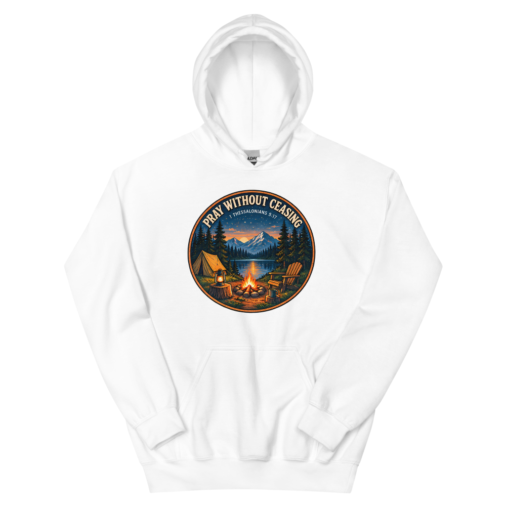 Pray Without Ceasing Campfire Badge T-Shirt | gc: Hoodie/White