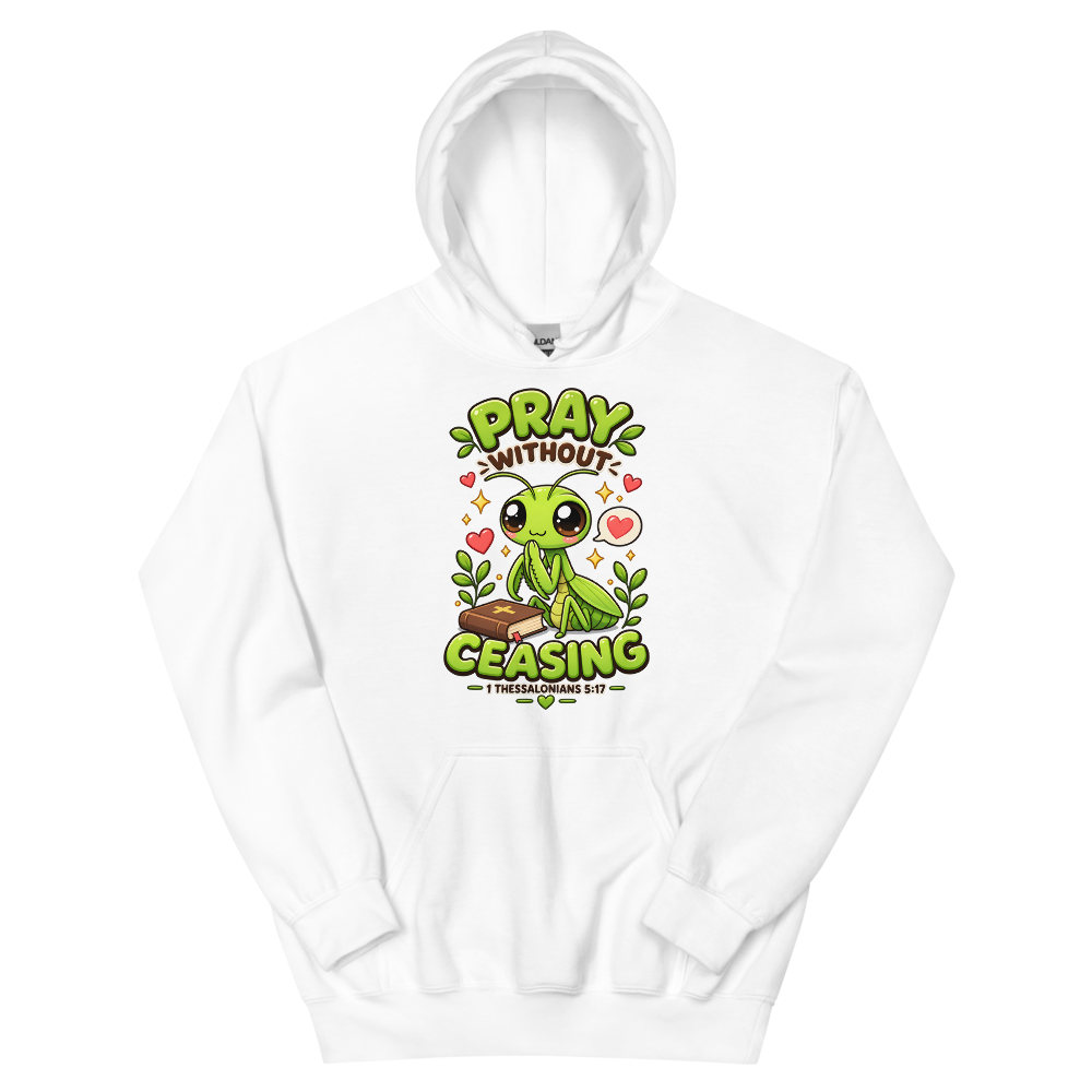 Pray Without Ceasing Praying Mantis Hoodie | colour: White
